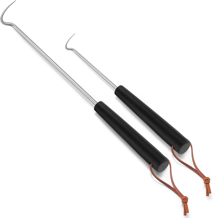 Leonyo 2 Pack Pigtail Food Flipper, 12 & 17 Inch Meat Hook Flippers Turner with Stainless Steel Shafts, Substitutes of Grill Tong, Spatulas, Fork for Kitchen Cooking BBQ, Plastic Handles, Right Handed
