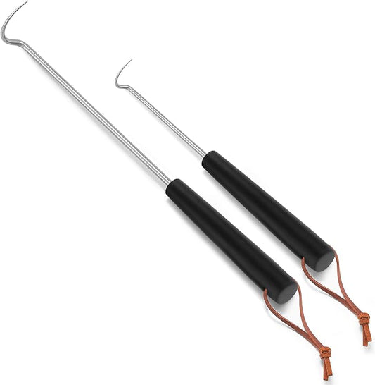 Leonyo 2 Pack Pigtail Food Flipper, 12 & 17 Inch Meat Hook Flippers Turner with Stainless Steel Shafts, Substitutes of Grill Tong, Spatulas, Fork for Kitchen Cooking BBQ, Plastic Handles, Right Handed