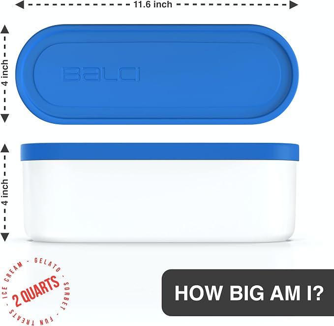 BALCI - Ice Cream Container - 2 Quart - Perfect Reusable Freezer Storage for Homemade Ice Cream Tubs for Sorbet, Frozen Yogurt and Gelato! - Flexible Silicone Lids, Long Scoop, Stackable - Blue