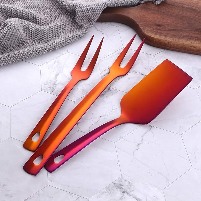 12 Pcs Cooking Utensil Set, Stainless Steel Orange Titanium Plated Cookware Sets with Public Fork/Spoon, Cake Shovels, Spatula, Ladles, Solid Spoon, Slotted Spoon, Pasta Server, Kitchen Tool Gadget