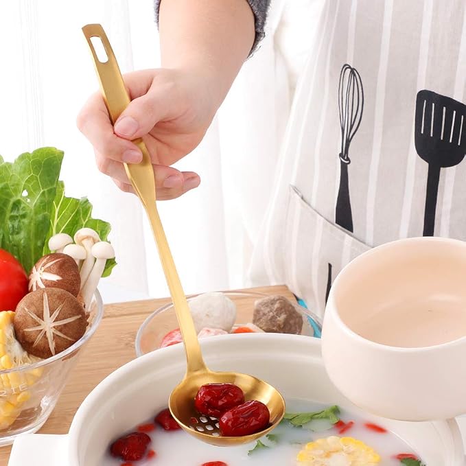 Buyer Star 2 Pcs Soup Ladle Colander, Gold Cookware Serving Long Handle Steel Slotted Spoon Cooking Utensil Set for Hotpot