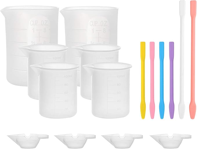 Gartful 16PCS Silicone Measuring Cups Set, Resin Casting DIY Tool Kit, 2PCS 250ml Large Pouring Cups, 4PCS 100ml Reusable Measurements Cups, 4pcs Mixing Cups, 2PCS Large and 4 Smaller Stir Sticks