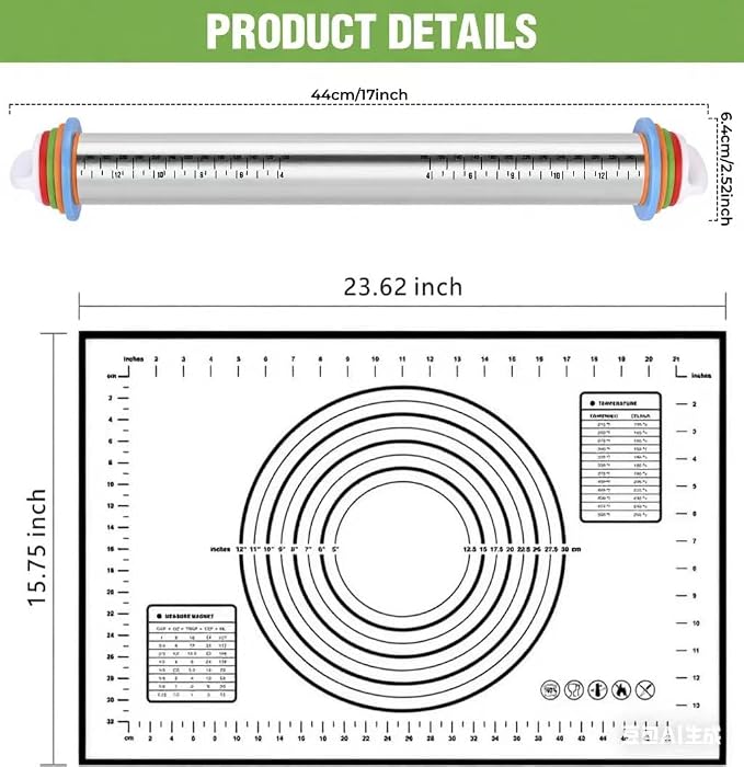 Adjustable Thickness Rings Rolling Pin and Silicone Baking Pastry Mat Set | Stainless Steel Dough Roller,Baking Supplies for Cookie Cake Pop Fondant Pizza Cake Pasta (Black)