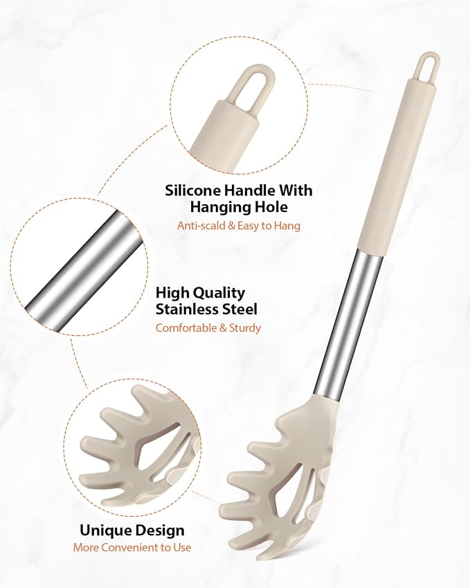 Silicone Spaghetti Spoon & Pasta Tong, Non-Stick Stainless Steel Handle Pasta Fork Set with Teeth, Food Clip for Easy Serving of Noodles (Khaki)