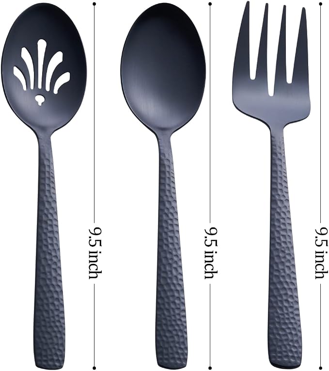 Matte Black Serving Utensil Set, 9.5-inch Stainless Steel Large Serving Spoon and Serving Fork, Satin Finish