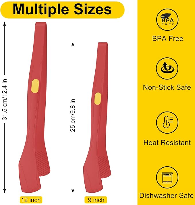 Beijiyi Kitchen Tongs for Cooking, 9" & 12" Set, Silicone Cooking Tongs with Silicone Tip for Nonstick Cookware, 600°F Heat Resistant, Stainless Steel Core, Great for Grilling and Serving Food (Red)