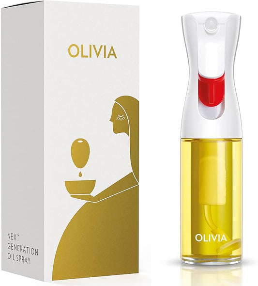 OLIVIA SIGNATURE Advanced Kitchen Oil Sprayer with Flairosol Technology, Fine Mist & Portion Control, Refillable Glass Olive Oil Cooking Spray Bottle for Air Fryer, Salad, BBQ, 130ml (White Print)