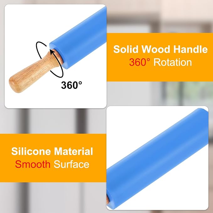 uxcell 7.5 Inch Silicone Rolling Pin, Small Dough Roller with Wood Handle for Pizza Pastry Fondant Kitchen, Blue