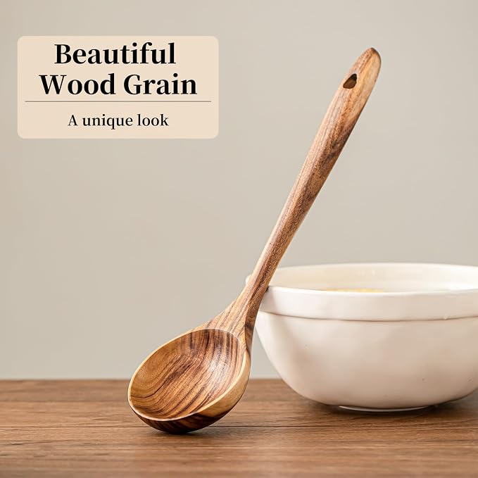 Gudamaye Wooden Soup Ladles, Natural Teak Wooden Spoons, 13 inch Big Deep Ladle for Cooking, Wood Kitchen Utensils Set