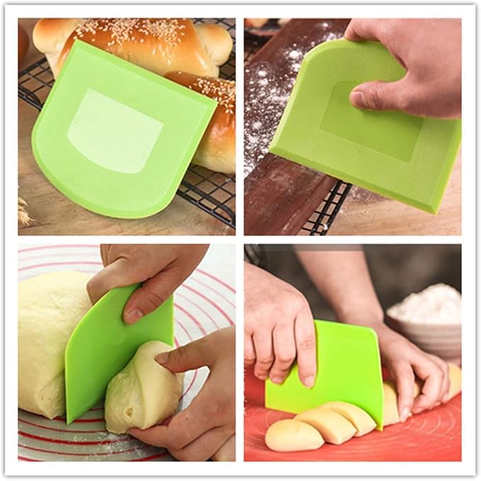 Bench scraper for baking, Bowl scraper for baking, food-safe plastic dough cutter, flexible plastic scraper, practical table scraper, multi-functional food scraper, white, green 2 pack