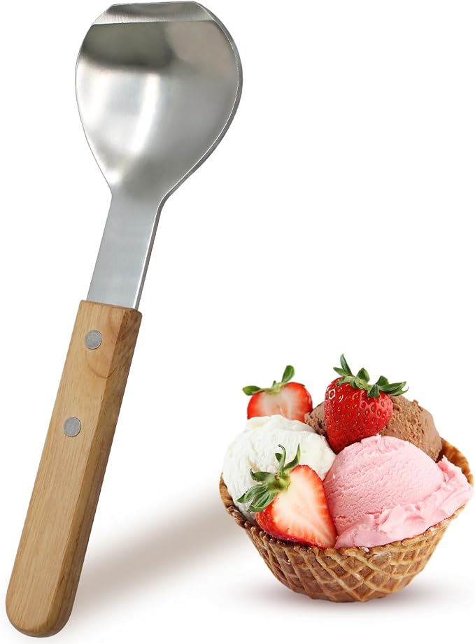 Ice Cream Metal Spade Heavy Duty Stainless Steel Dessert Shovel Wooden Handle Butter Cutter Kitchen Utensil (Round Shovel)
