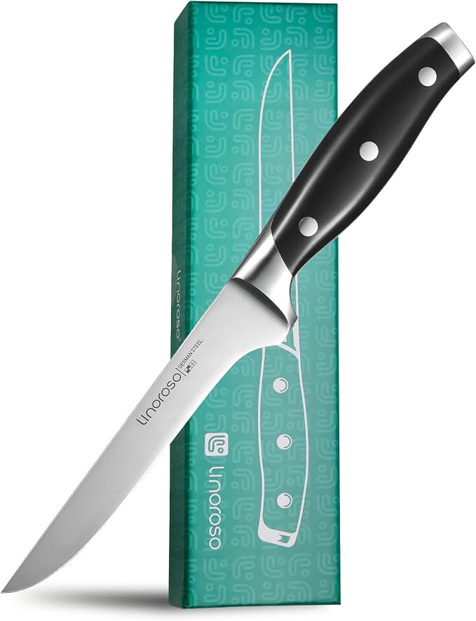 linoroso Boning Knife 5.7 inch Kitchen Knife with Elegant Gift Box, Sharp Forged German Carbon Stainless Steel Fillet Knife for Meat, Fish, Poultry, Full Tang, Ergonomic Handle