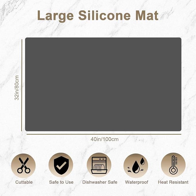 40''x32''(100cmx80cm) Silicone Kitchen Counter Mat, Extra Large Heat Resistant Non-Slip Countertop Protector, Waterproof Multipurpose Mat for Kitchen Island, Black
