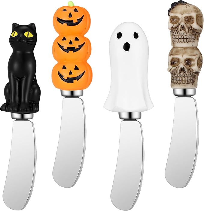 Jingmore 4 Pcs Halloween Cheese and Butter Spreader Knives Decor Pumpkin, Black Cat, Ghost, Skull Hand Painted Resin Handle with Stainless Steel Blade Multipurpose(Cheese Knives)