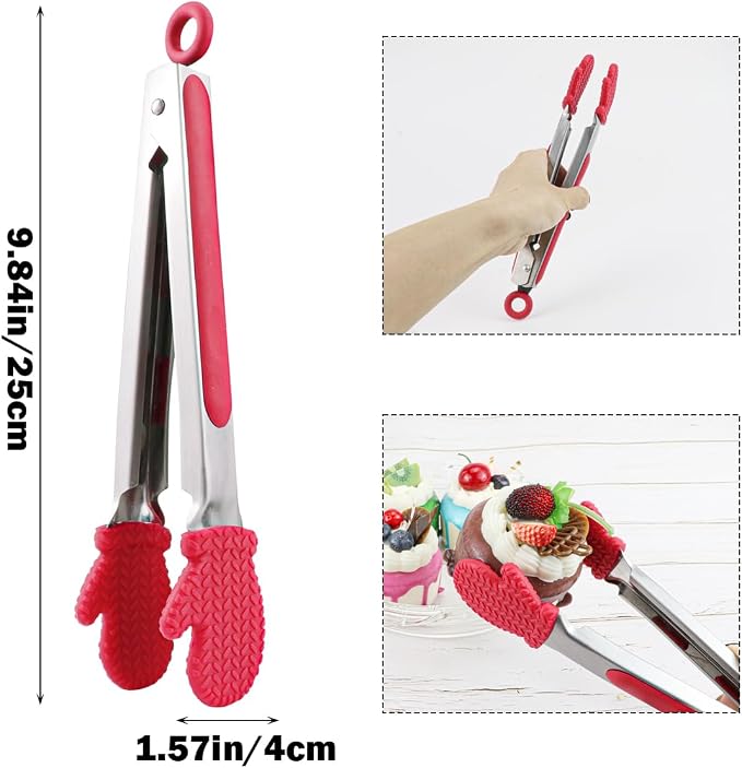 Kitchen Tongs for Cooking Non Stick Cooking Tongs Silicone Tongs Kitchen Tongs with Silicone Tips Stainless Steel Tongs (Red)