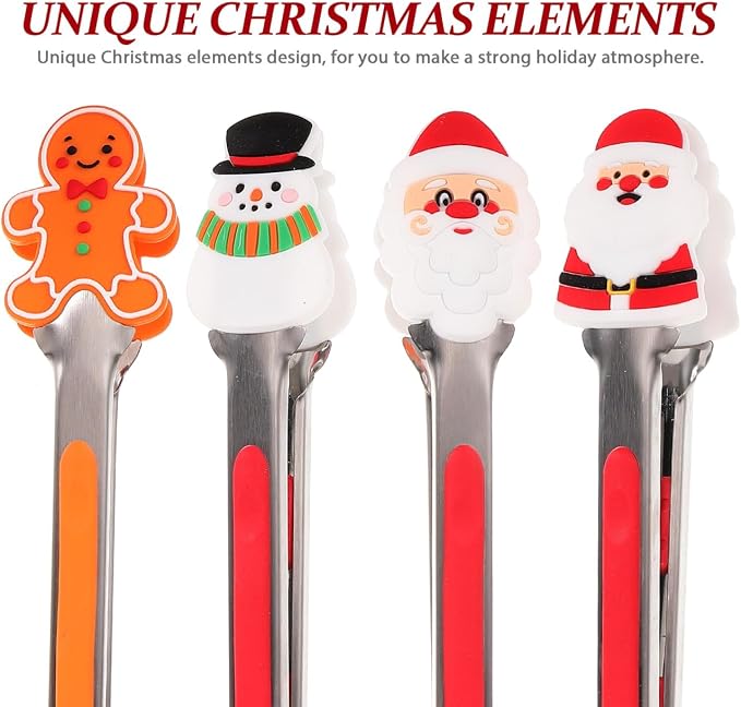 4PCS Christmas Silicone Mini Tongs, 8 Inch Christmas Style Tongs, Small Colourful for Serving Food, Ice Cube, fruits, Sugar