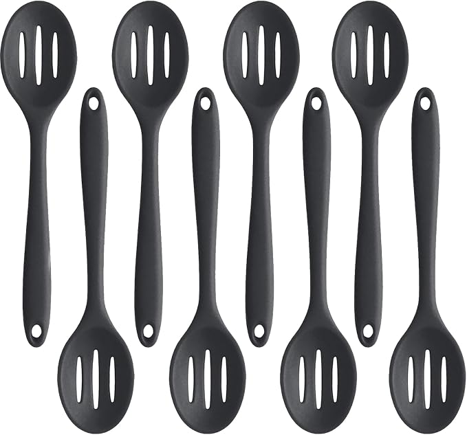Linwnil 4 Pieces Silicone Slotted Spoons,10.6 Inch Nonstick Mixing Serving Spoons for Kitchen Cooking Bake Stir Draining Tool (8, Black)