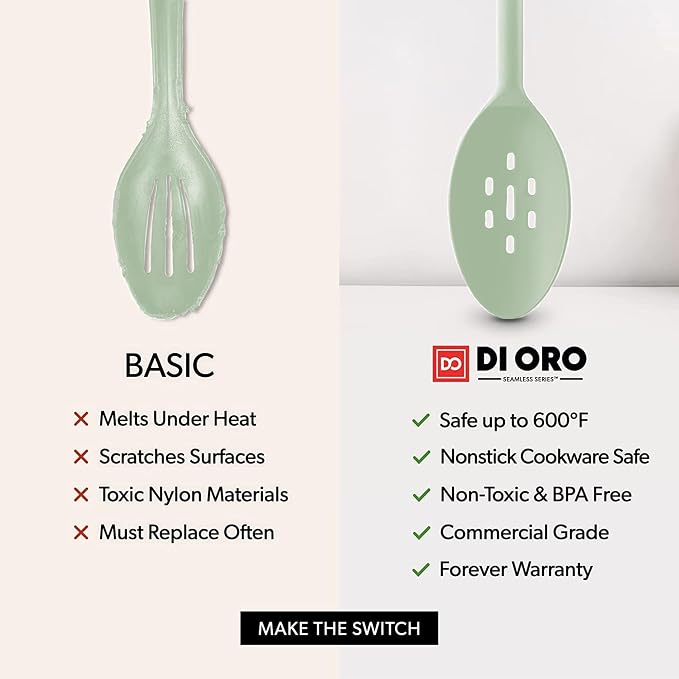 DI ORO Silicone Spoons for Cooking - Large Kitchen Spoons for Mixing, Serving, & Stirring - 600°F Heat-Resistant Non Stick Utensils – Big Solid & Slotted Basting Spoons - Dishwasher Safe (2pc, Sage)