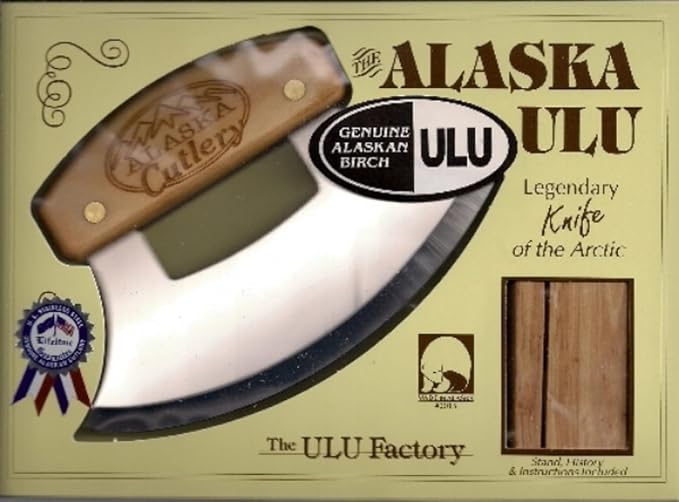 The Ulu Factory Alaska Birch Cutlery Ulu Knife 6" Stainless Steel Blade with Block Wood Stand