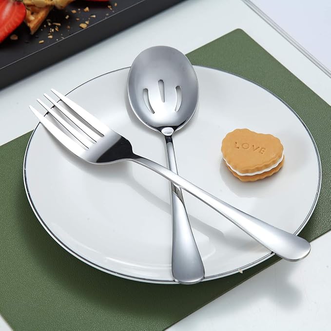Serving Spoons 10 Pieces, Kyraton Serving Utensils, Serving Set Include 3 Serving Spoon, 3 Slotted Spoon, 1 Serving Fork, 1 Cake Server, 2 Butter Knife Spreaders