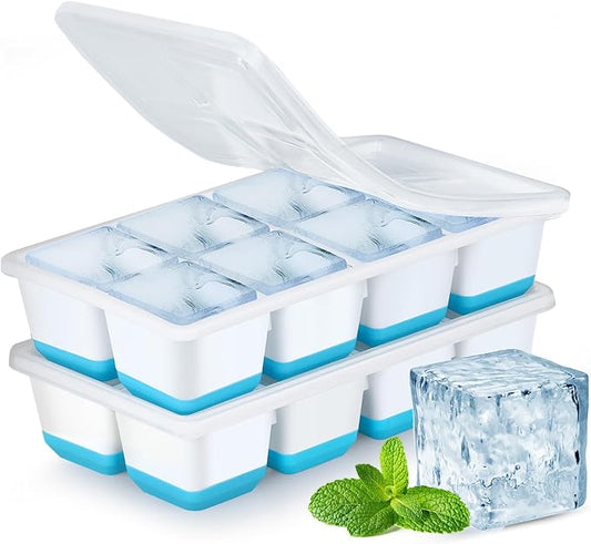 Large Ice Cube Trays with Lid, Jrisbo 2 Pack Stackable Silicone Ice Cube Molds for Freezer, Easy Release 16 Big Square Ice Trays for Whisky Cocktails (Blue)