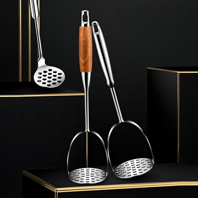 REDANT 13.5" Stainless Steel Potato Masher with Wooden Handle - Heavy Duty Metal Masher for Mashed Potatoes, Avocado, Beans & Sweet Potato - Commercial & Home Kitchen Utensil (Dishwasher Safe)