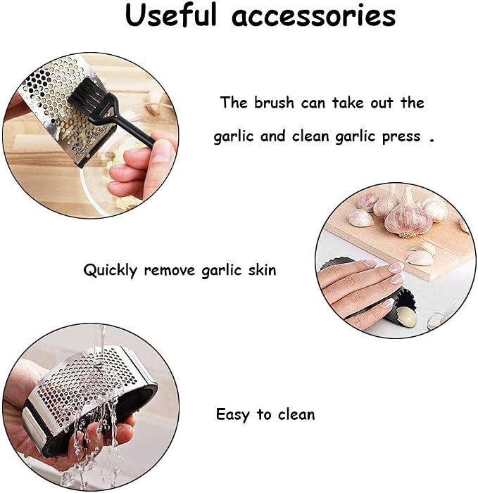 Garlic Press, Stainless Steel Garlic Press Rocker, Stainless Steel Garlic Mincer, Premium Garlic Chopper Set with Silicone Tube Garlic Peeler & Cleaning Brush (Black)