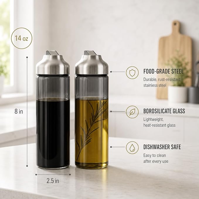 Aelga Olive Oil Dispenser Bottle for Kitchen, 2-Pack 14oz Dark Glass Oil and Vinegar Dispenser Set, Auto Flip Lid, UV-Protected Cooking Oil Cruet with Drip-Free Pour Spout