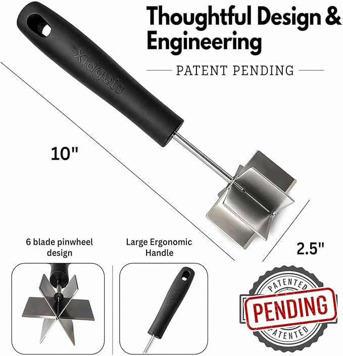 Large Stainless Steel Meat Chopper, Masher & Cocktail Muddler | Dishwasher Safe | 6-Blade Chopper Tool | Oversized Ergonomic Handle | Heat Resistant Grip (Black 10")