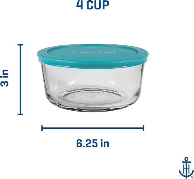 Anchor Hocking SnugFitTM Round Food Storage Containers with Lids (4-Piece, 4-cup, Teal, oven-safe)
