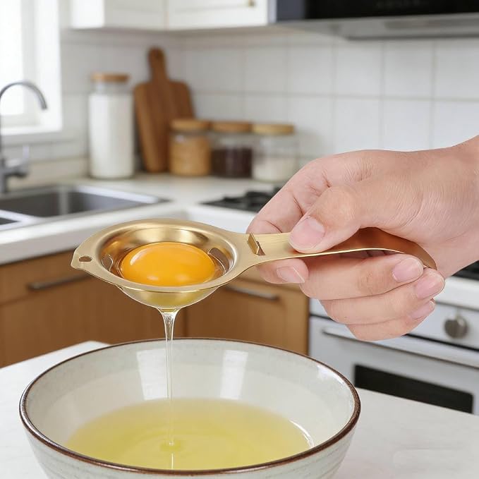 Stainless Steel Egg Yolk Separator with Long Handle, Egg Yolk White Separation Tool, Egg Strainer and Extractor for Cooking and Baking, Gold