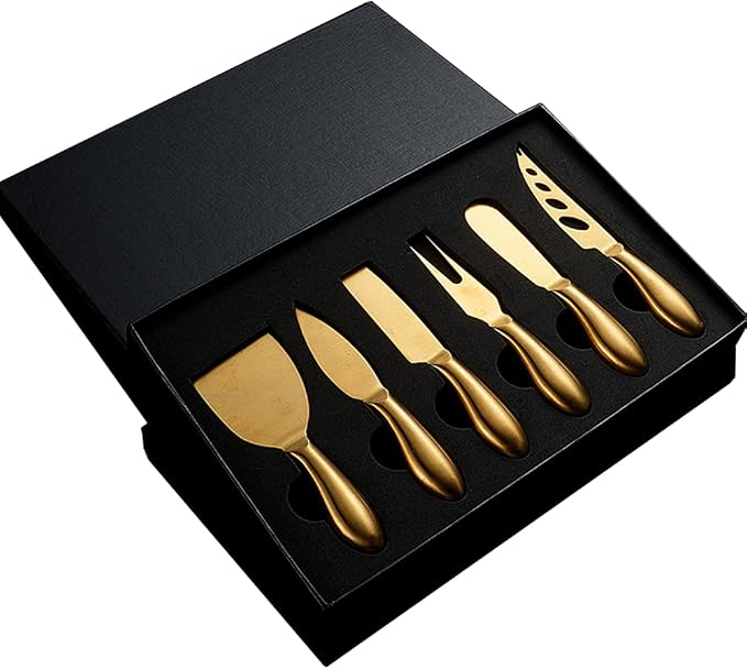 Golden Cheese Knife Set 6 Piece, Stainless Steel Cheese Cutter, Cheese Spreader knife with Ergonomic Handle, Cheese Shaver and Fork for Holiday, Birthday, Wedding, Party