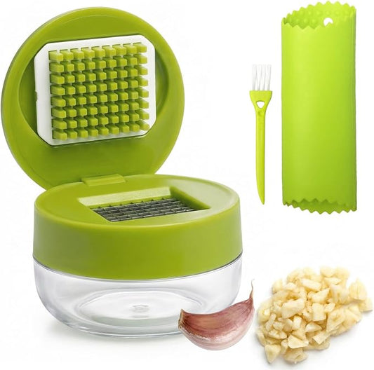 3-in-1 Garlic Press Set, Stainless Steel Garlic Mincer with Silicone Peeler and Brush, Efficient Garlic Crusher Chopper for Kitchen, Ginger, Vegetables (Green)