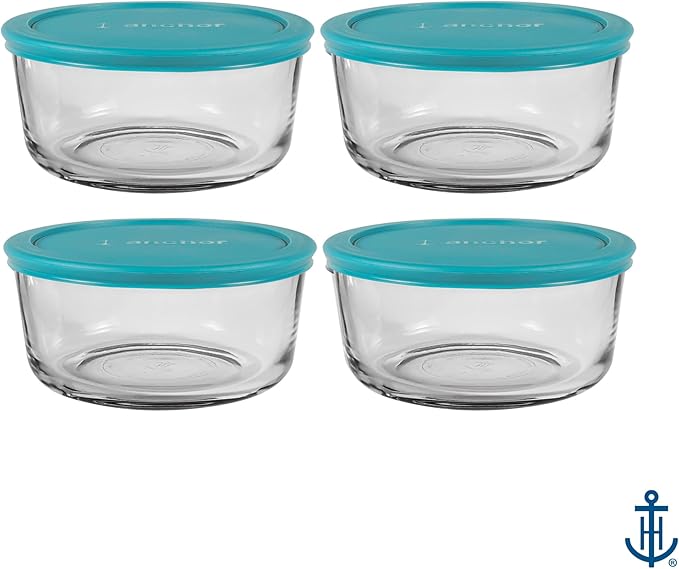 Anchor Hocking SnugFitTM Round Food Storage Containers with Lids (4-Piece, 4-cup, Teal, oven-safe)