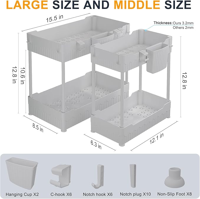 2-Pack Under Sink Organizer with Hooks & Hanging Cup for Kitchen | Multi-use kitchen & bathroom storage, 12.8 inch grey cabinet organizer, with hooks and hanging cup for easy access.