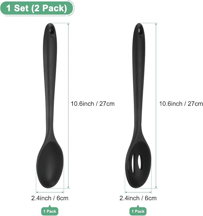 M METERXITY 2-Pack Silicone Spoons for Cooking, 10.6" Mixing Nonstick Slotted and Solid Serving Spoons Heat Resistant Utensils Spoons for Kitchen/Cooking/Baking/Stirring Mixing Tools [Black]