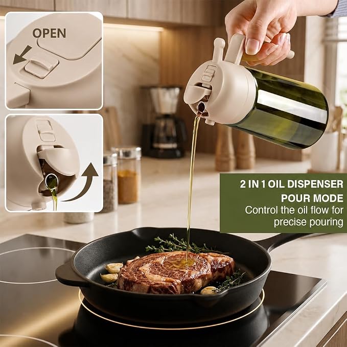 2-in-1 Oil Sprayer Dispenser, 16oz UV-Blocking Glass, Non-Slip | Extra Stability, Easy Refill, Refined Aesthetic