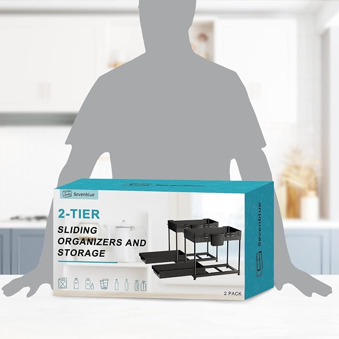 2-Pack 2-Tier Under Sink Organizers with Sliding Drawers | Multi-use kitchen & bathroom storage, 12.85 inch black cabinet organizer, space-saving sliding drawer design.