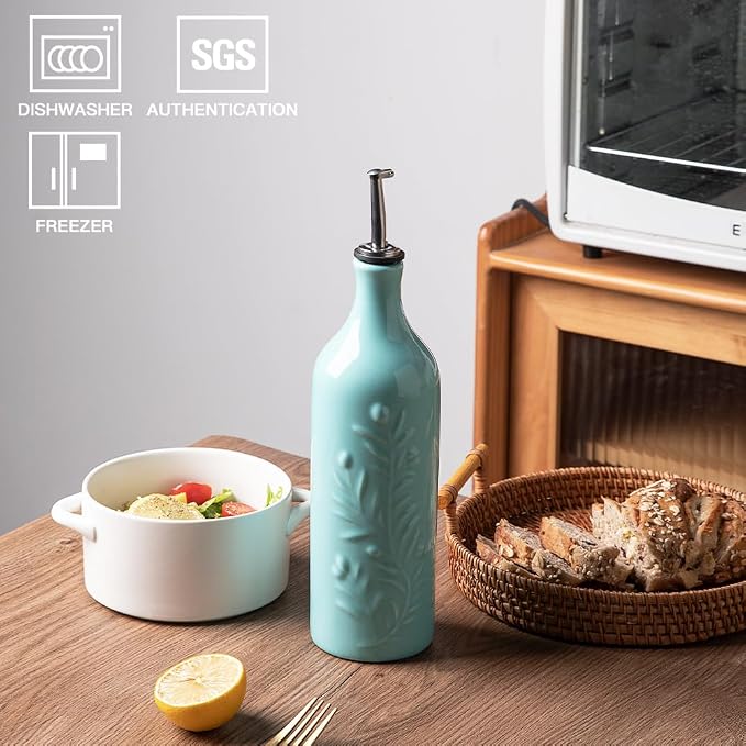 Sweejar Large Olive Oil Dispenser Bottle with Spout, 24 Oz Ceramic Oil Dispenser for Kitchen, Relief Opaque Oil Cruet, Oil Container for Cooking, EVOO, Avocado Oil, Vinegar, Pack of 1(Turquoise)