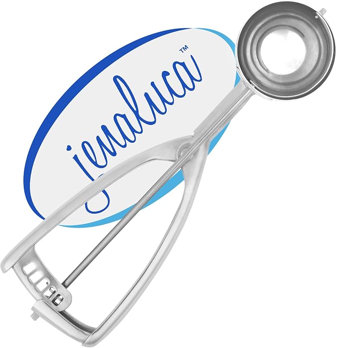 Jenaluca Large Ice Cream Scoop, 18/8 Stainless Steel, 3 Tbsp, Size #24 | Disher for ice cream, 3-inch cookies & cupcake batter. Squeeze-release handle. Right and left handed use. Dishwasher safe.