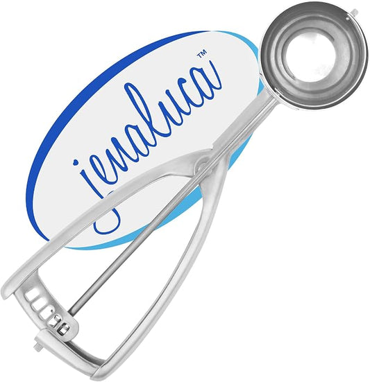 Jenaluca Large Ice Cream Scoop, 18/8 Stainless Steel, 3 Tbsp, Size #24 | Disher for ice cream, 3-inch cookies & cupcake batter. Squeeze-release handle. Right and left handed use. Dishwasher safe.
