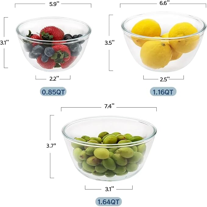 Cuiselect 3pc Glass Mixing Bowls with Lids Set (1.64QT, 1.16QT, 0.85QT), Thick Salad Bowl, Nesting Glass Mixing Bowl for Cooking, Baking, Prepping-Dishwasher Microwave Freezer Safe