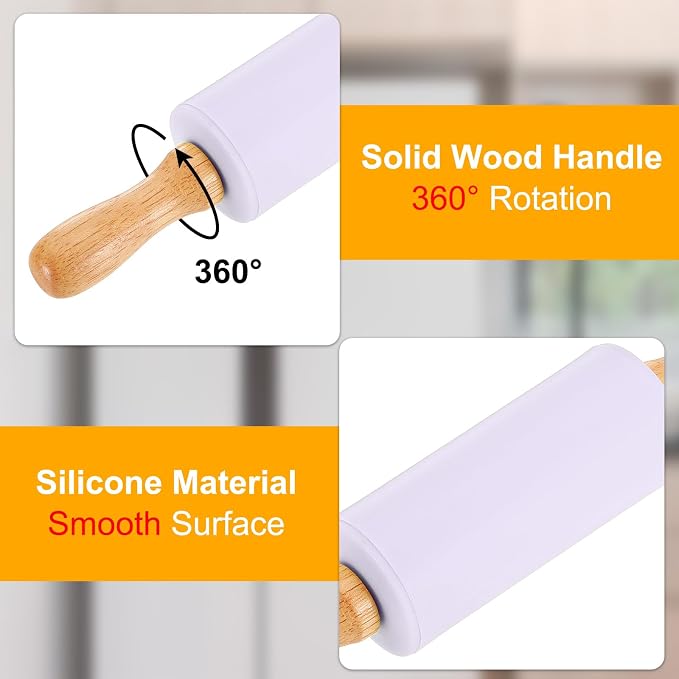 uxcell 4 Inch Silicone Rolling Pin, Small Dough Roller with Wood Handle for Pizza Pastry Fondant Kitchen, Light Purple