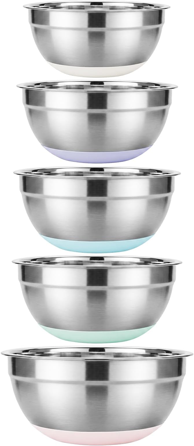 5PCS Stainless Steel Mixing Bowls Set With Non-Slip Silicone Base | 1.5/2/2.5/3.4/5.3Qt, Nesting Space Saving, Heavy Duty, Large Prep Metal Bowl For Mixing Baking, Serving, Kitchen Food Storage