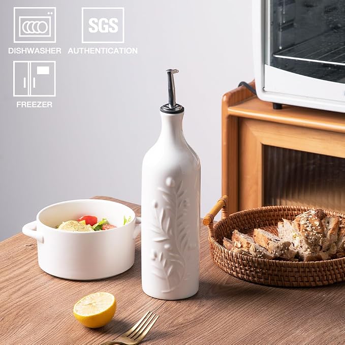 Sweejar Large Olive Oil Dispenser Bottle, 24 Oz Ceramic, Modern Relief Design, Dishwasher Safe, White