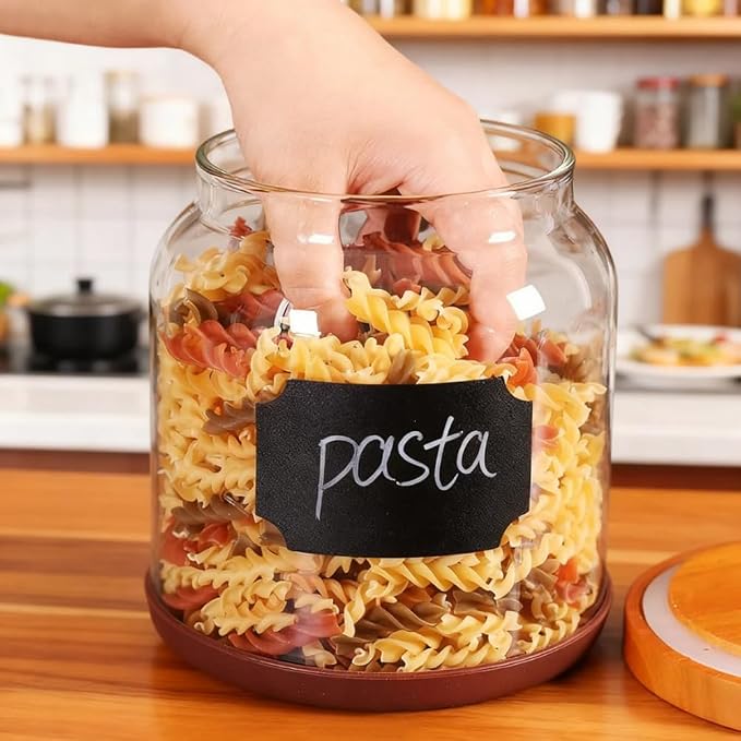 SAIOOL 2-Pack Striped Borosilicate Glass Airtight Canisters - Big mouth Large Capacity, Acacia Wood Lid, Food Storage Jars for Flour, Pasta, Pantry Organization (1/2 Gallon （Yellow Press lid 2 pack）)