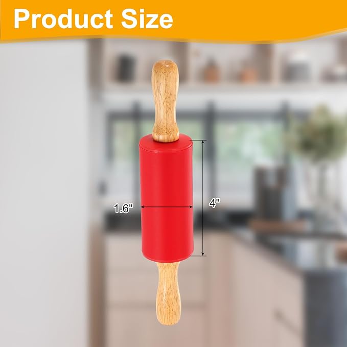 uxcell 4 Inch Silicone Rolling Pin, Small Dough Roller with Wood Handle for Pizza Pastry Fondant Kitchen, Red
