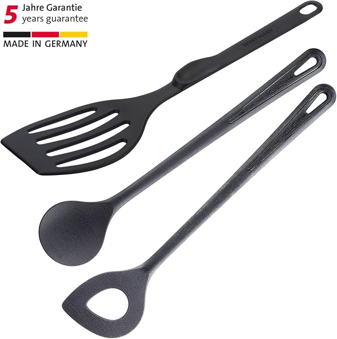 Westmark Cook Set, 3 Items: 1 Spatula, 1 Mixing Spoon, 1 Pointed Hole Spoon, Highly Heat Resistant, Plastic, Black, 203522E9