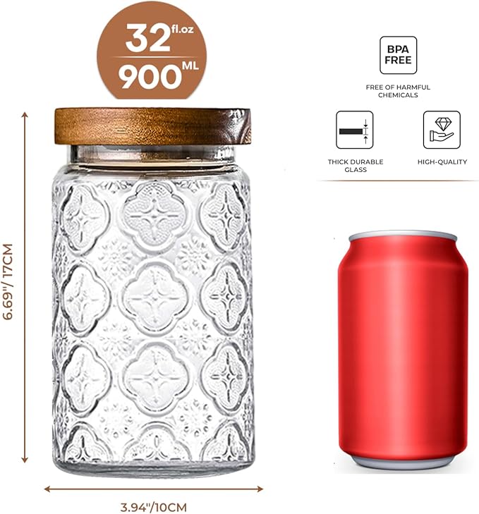 Glass Storage Containers With Lids, Glass Jars With Lids, 32oz, Set Of 3 | Airtight Glass Food Storage Containers, Kitchen Canisters For Sugar, Coffee, Tea, Spice, Flour, Candy, Pasta, Cereal