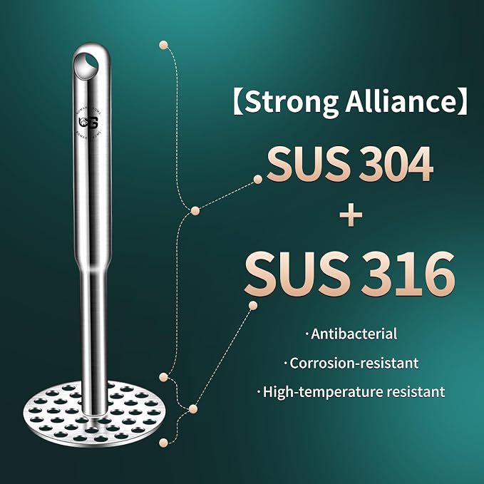 316L Potato Masher Stainless Steel, BOMANSI BOMS Sturdy Mashed Potato Masher Kitchen Tool, Solid Integrated Potatoes Smasher for Beans, Avocados, Squash, Dishwasher Safe